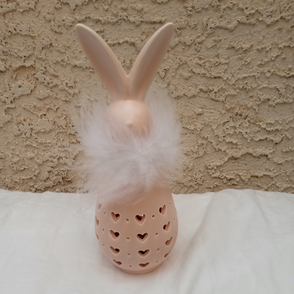 Porcelain Bunny w Heart Cut Outs w Led Light  Pink New